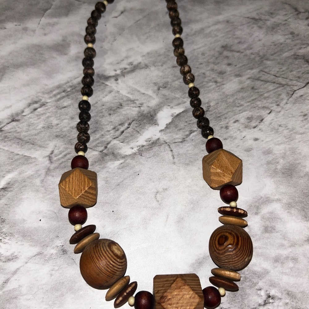 Wooden Beaded Necklace - Brown and Tan